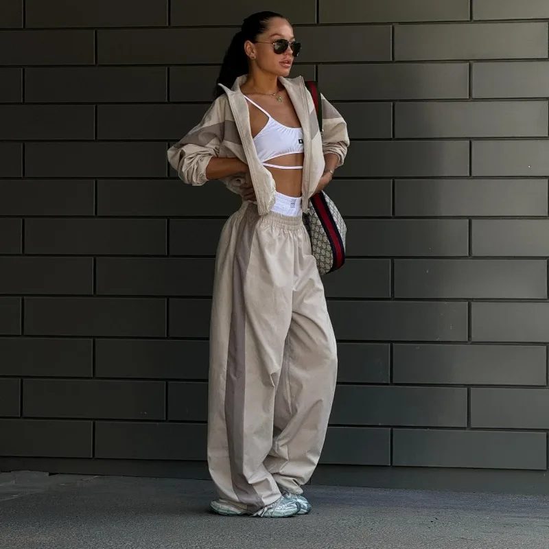 

Loose Casual Women's Clothing Fashionable Color Contrast Long-sleeved Sporty Cardigan Long Pants Two-piece Set Women Long Pants