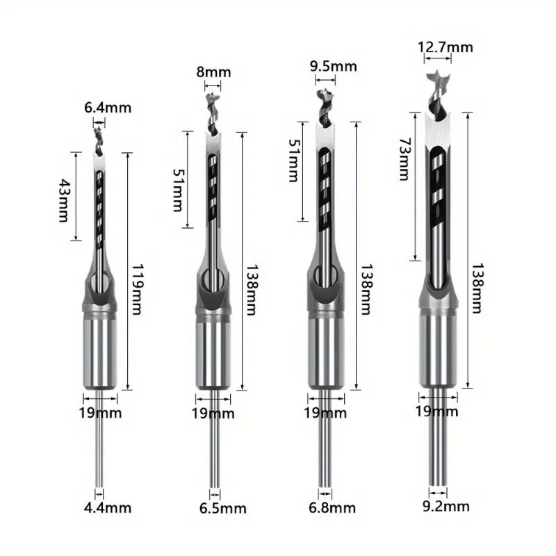 4Pcs Carpentry Square Hole Drill Set Square Tenon Square Eye Drill Core for Wood Lock Hole Perforation