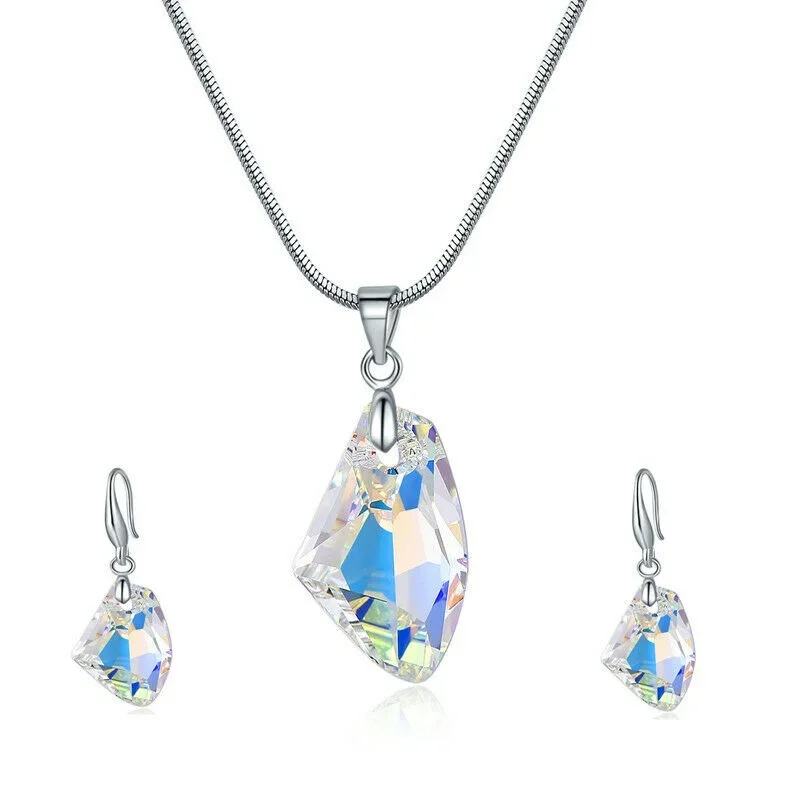 Crystal Pendant Necklace Earrings Set Zinc Alloy AB White Finish Trendy Jewelry Set