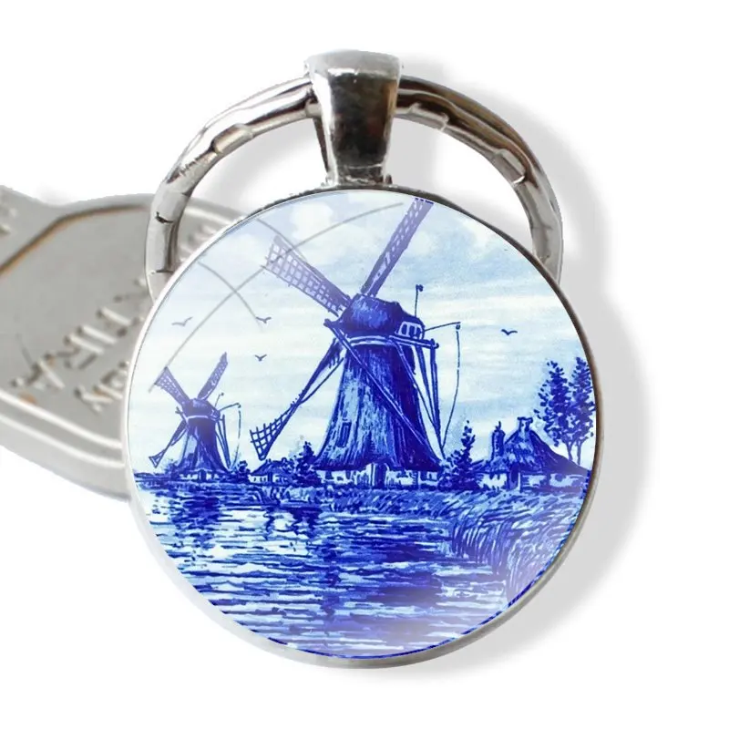 Dutch Blue Delft Vintage Sailboat Windmills Keychain Handmade Glass Cabochon Key Ring Holder Pendant Key Chains