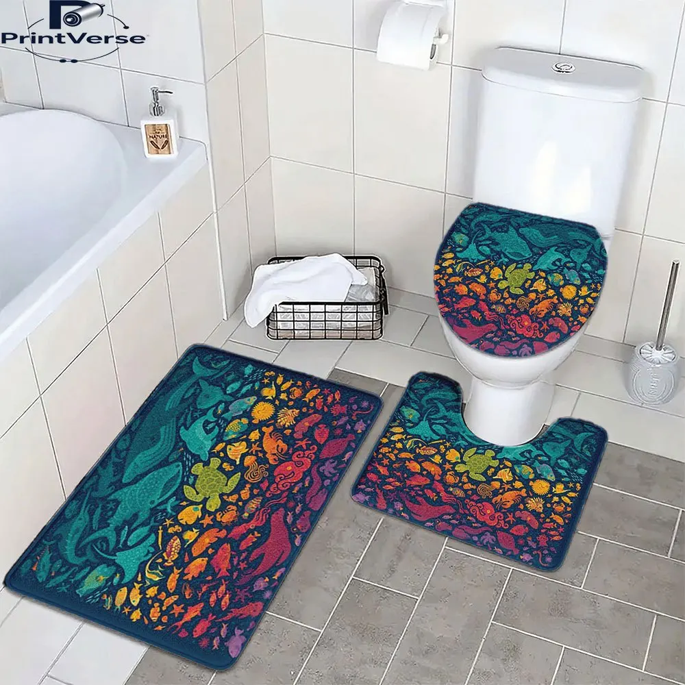 

3pcs & Turquoise Blue Coral Pink Fish Bathroom Rug Set - Aquatic Spectrum 2 Non-Slip Soft Mats, Turquoise Green Bath Rug,