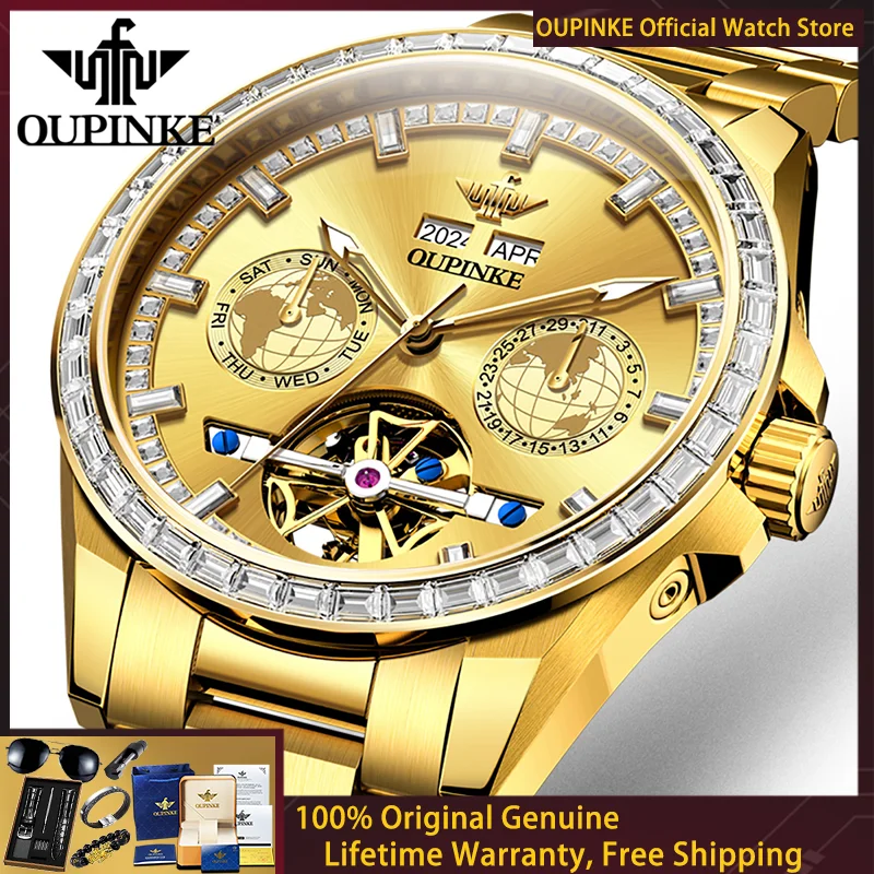 OUPINKE Men Watch Original Movement Automatic Mechanical Watch Luxury Diamond bezel Starry Sky Hollow Flywheel Men Watch 3280