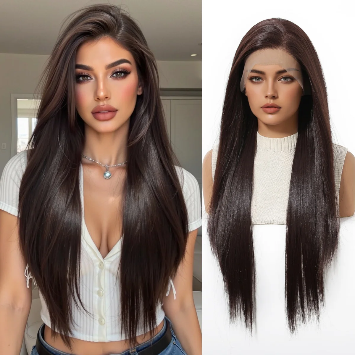 

Парик с кружевной передней частью 13*6, шоколадно-коричневый, прямые длинные волосы 28 дюймов, с возможностью свободной укладки, центральная часть, естественный вид волос, для повседневной носки и вечеринок