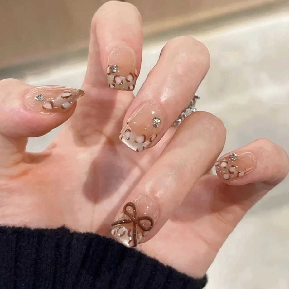 10Pcs Pink Handmade Press on Nails Flower French Short Rhinestone Full Cover Fake Nail Butterfly Manicure Wearable Nail Tips Art