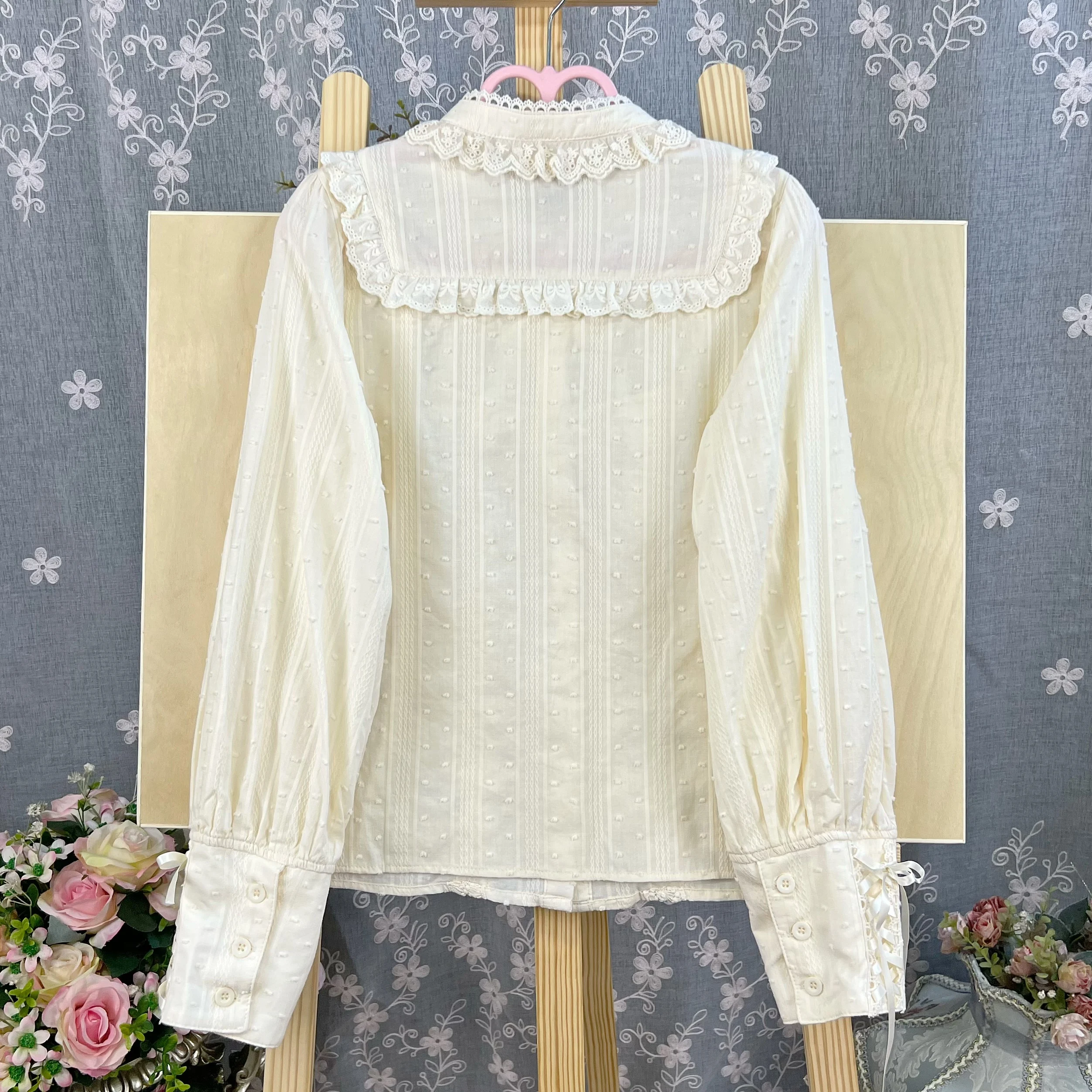 Lolita Lace-up Long-sleeved Ruffles Stand-up Collar Shirt Girl Spring Autumn Lace Cute Age-reducing Versatile Bottoming Shirts