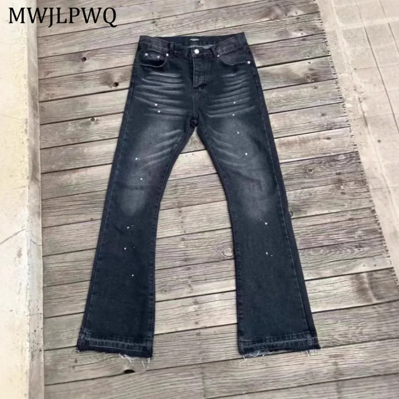 

MWJLPWQ Vintage Washed Ink Splash Flared Jeans Men's American Style Rough Edge Niched Design Streetwear Trendy Long Pants 11107