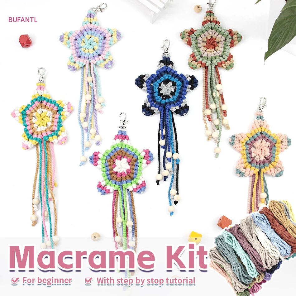 Boho Pentagram Tassel Pendant Macrame DIY Kit - Beginner Craft Gift Handmade Polyester Keychain Bag Charm Decorative Ornament
