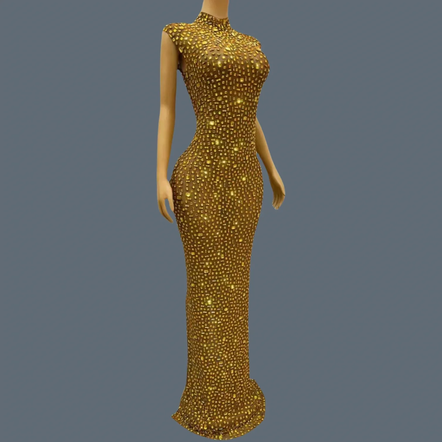 Gold Birthday Dress Concert show outfit Celebrate Long Dress  Luxury Gown Cocktail Party  Sheer Mesh Evening Dress