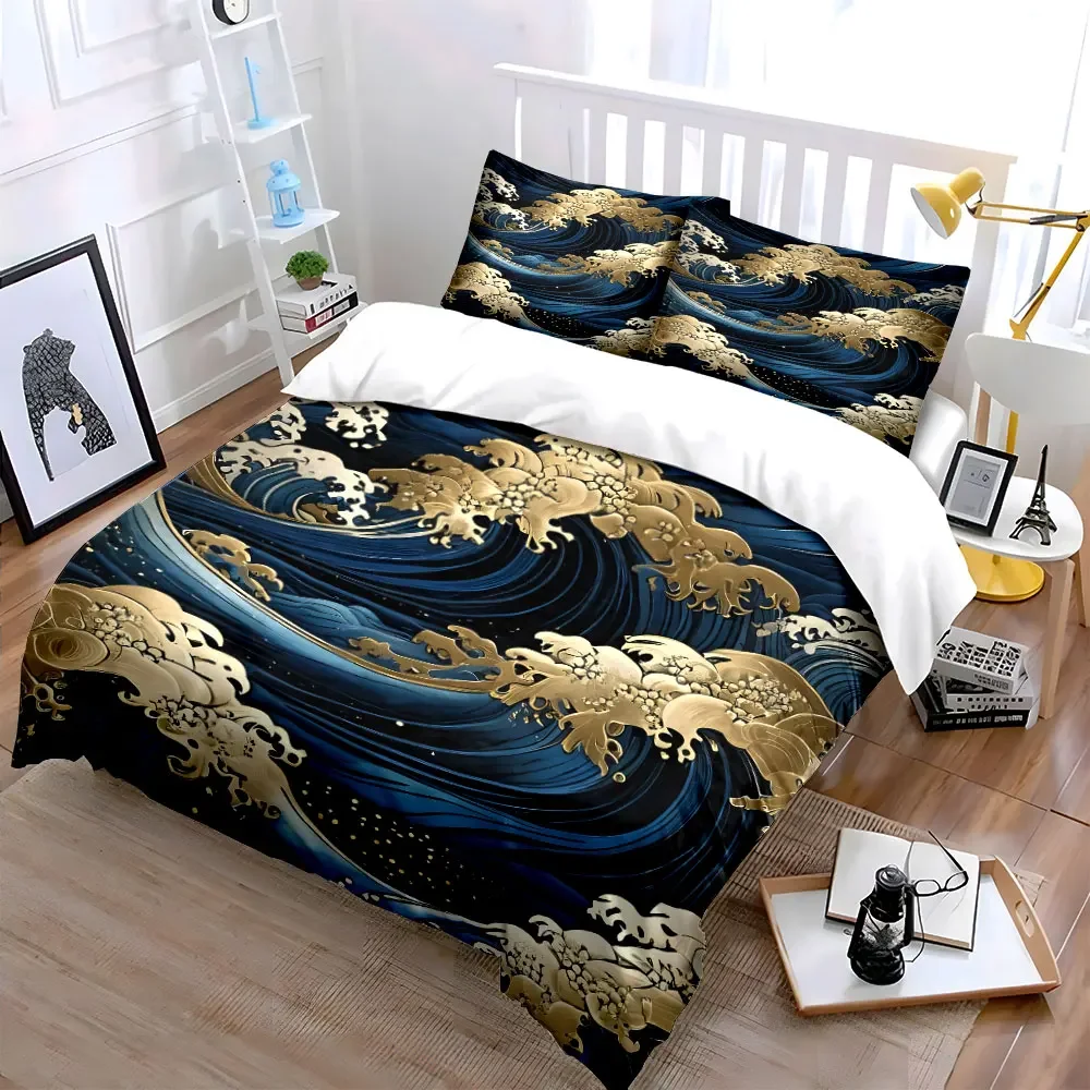 Golden Wave Pattern Decor Set Soft Comfortable Duvet Cover Bedding Set Included 1*Duvet Cover & 2*Pillowcases, gift