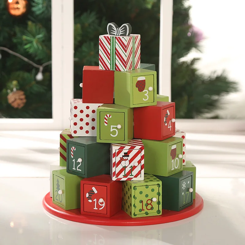 Wooden Christmas Advent Calendar Blocks, Tree Shape Countdown Gift Box, Set With Drawers Xmas Home, Decoration Ornament For Kids