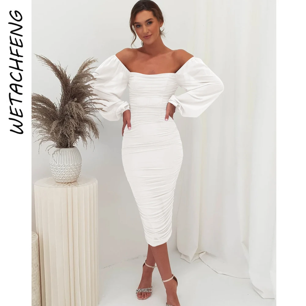 

Women Bridesmaid Dress Sexy Backless Split Folds Mesh Lantern Sleeve Maxi Dress Evening Party Bodycon White Dress Female Clothes