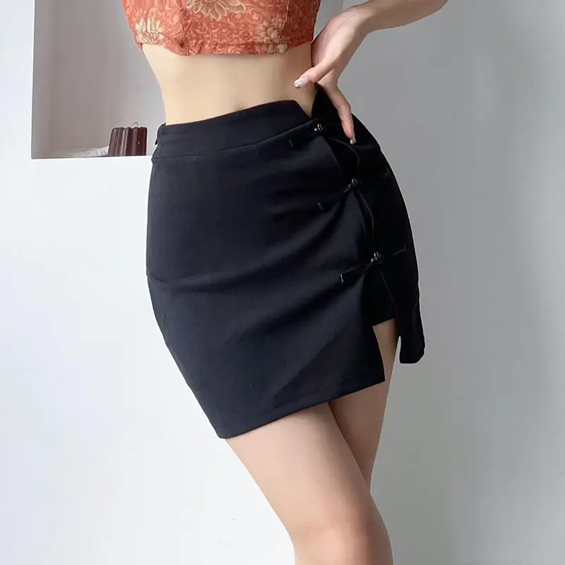 Skirt Rules Cheongsam Buckle Side Slit High Waist Women'S Non-Skinny Black Versatile Casual A-Line Short Skirt Summer