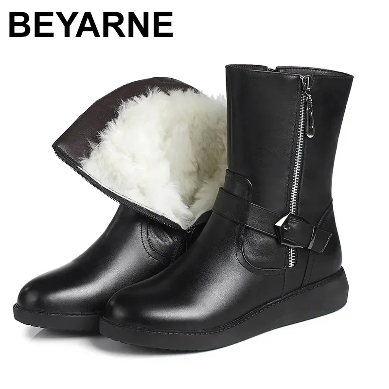

2025 Big Size 35-43 Women Snow Boots Winter Thick Wool Warm Mid Calf Boots Women Fashion Soft Leather Low Wedge Cotton Boots