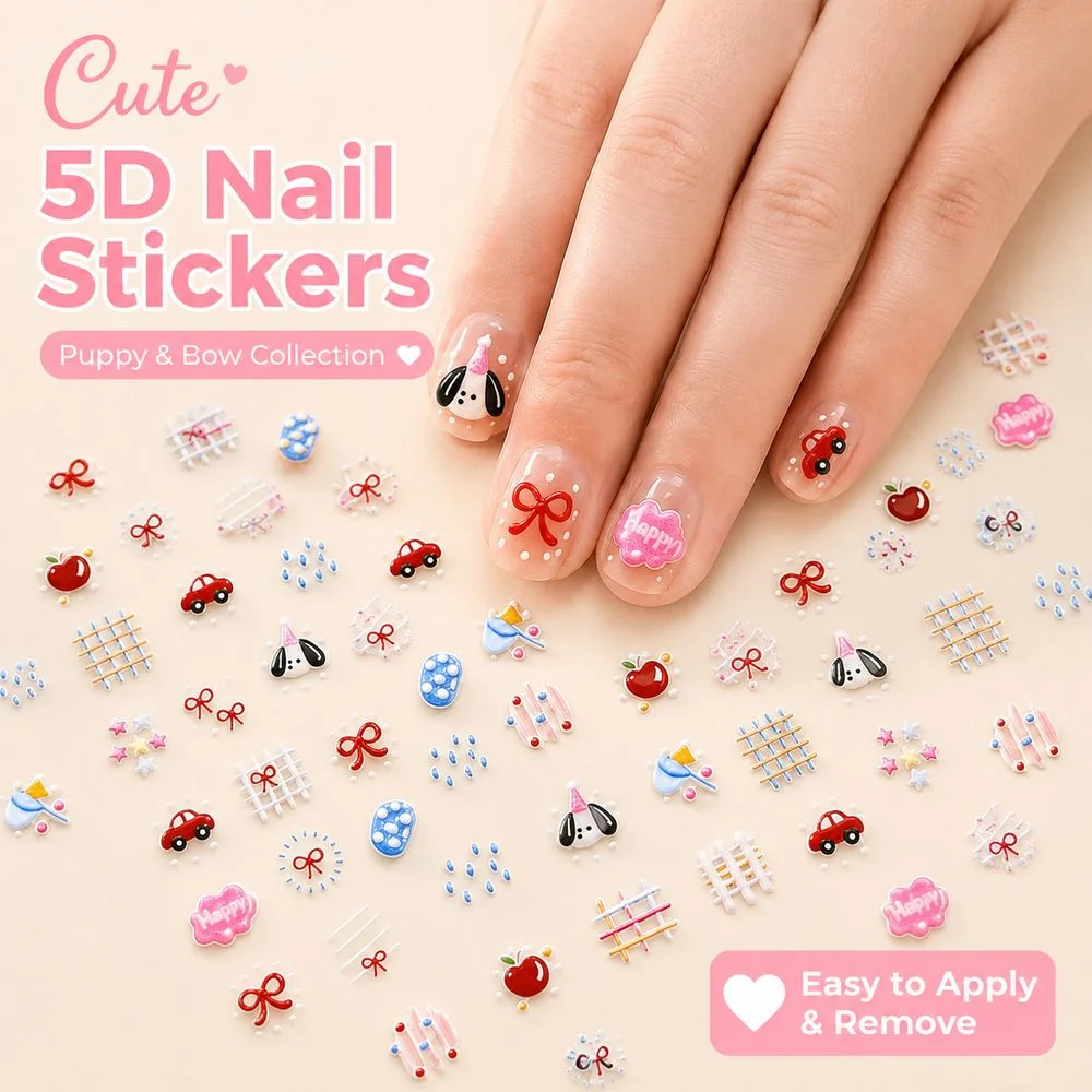 1Pc 5D Embossed Self‑Adhesive Nail Stickers Cartoon Puppy Fruit Car Bow Design Colorful Decals For DIY Creative Nail Art Decor