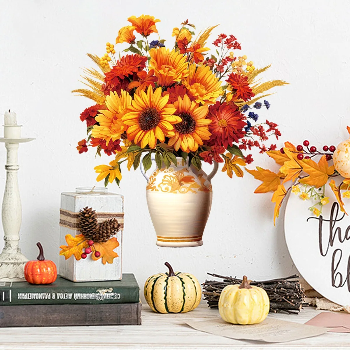 

Autumn Sunflower Bouquet Wreath Self Adhesive Wall Decals for Home Living Room Dining Room Decor Thanksgiving Fall