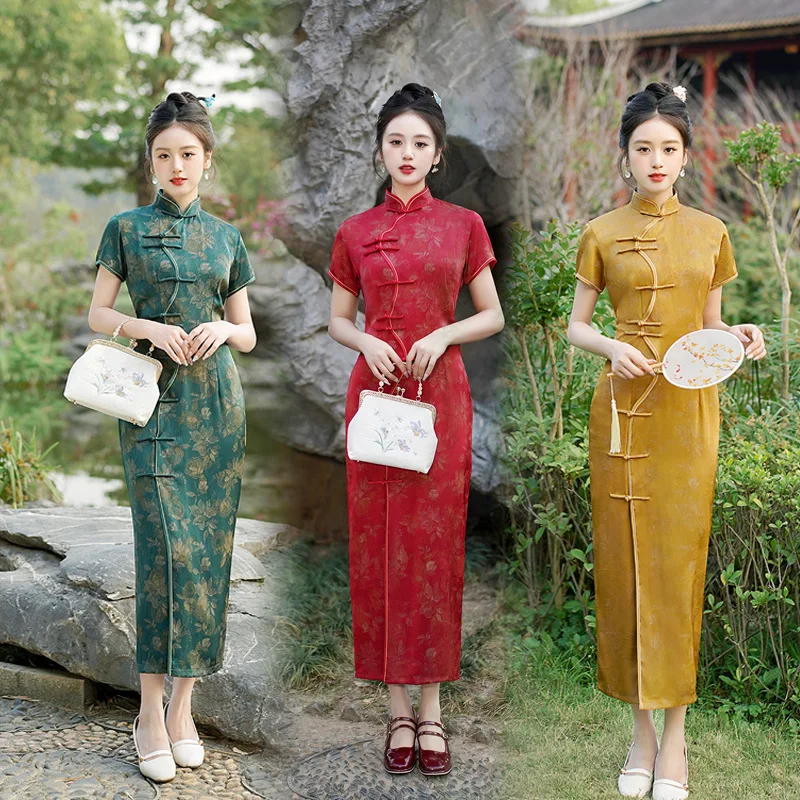 Chinese Style 2025 Spring and Summer New Slim Rayon Cheongsam Long Skirt Temperament Dress Retro Front Split Qipao Dress