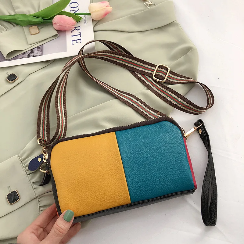 Leather One Shoulder Crossbody Bag for Women's New Style Contrast Wallet Cowhide Handheld Small Bag for Women