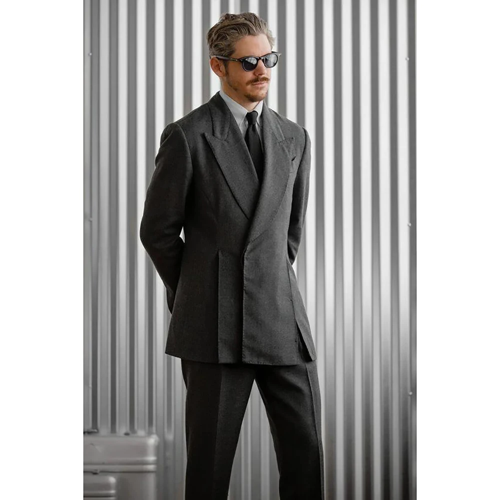 Fashion Grey Front Fork Men Suit Two Pieces(Jacket+Pants) Lapel Outfits Chic Casual Party Prom Wedding Set