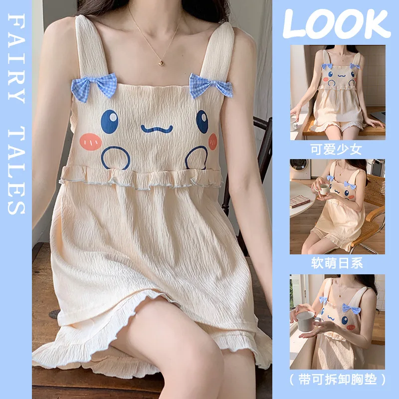 Sanrio Jade Cinnamon Dog Summer Pajamas Women's Chest Pad Suspender Shorts Printed Hanton Cute Cartoon Kulomie Loungewear