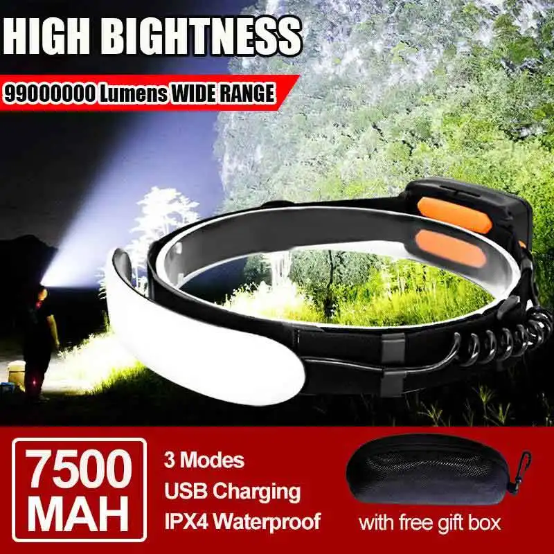 7500mAh 230°9900000LM Headlamp Portable Mini COB LED Headlight With Built-in Battery Flashlight USB Rechargeable Head Lamp Torch