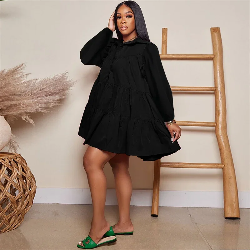 솔리드 캐주얼 긴팔 셔츠 드레스 여성 봄 여름 턴다운 칼라 싱글 브레스티드 러플 루즈 파티 클럽 미니 드레스