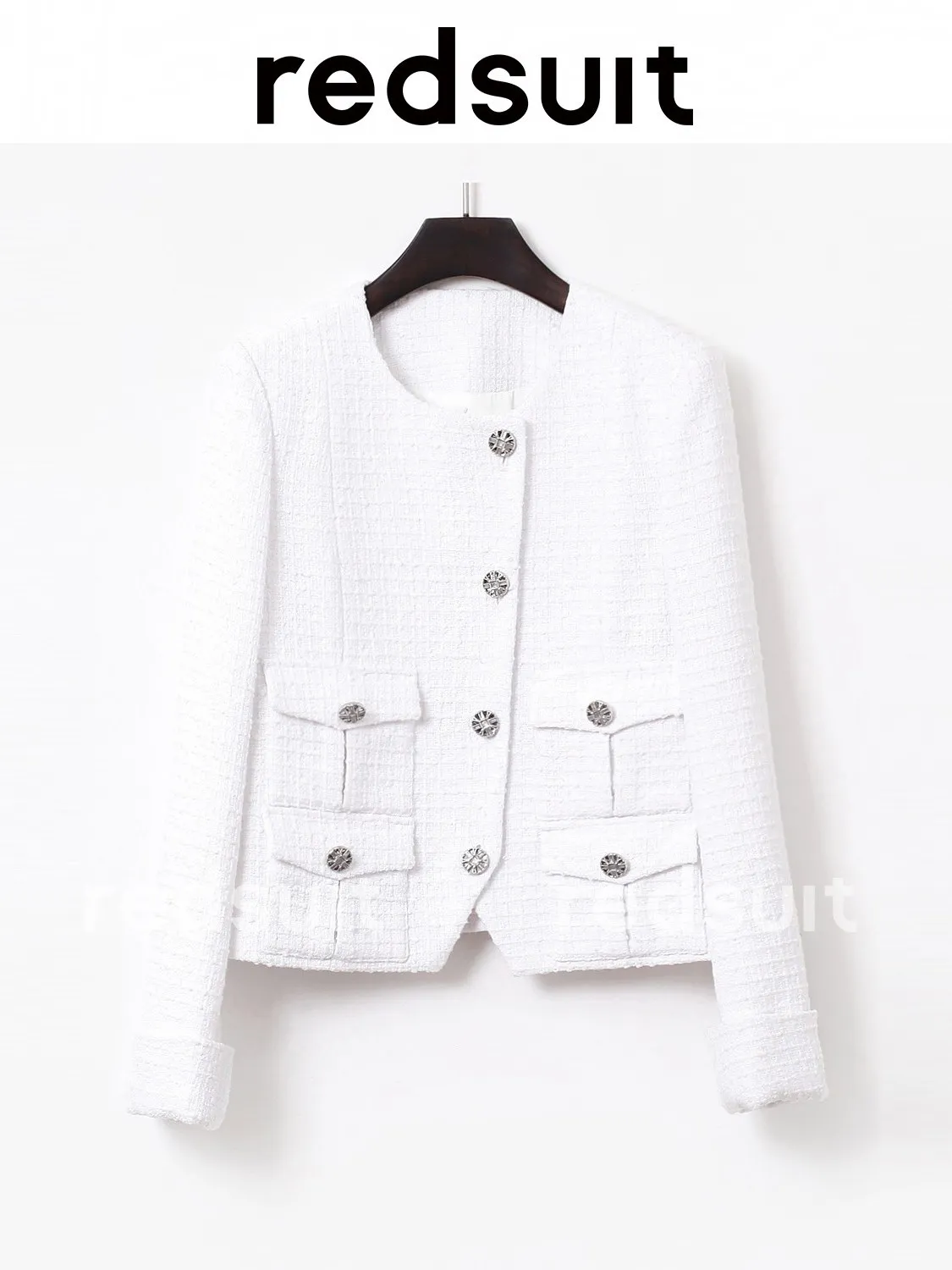 New Elegant exquisite shiny jacket short white top woven with coarse tweed Custom Sizes