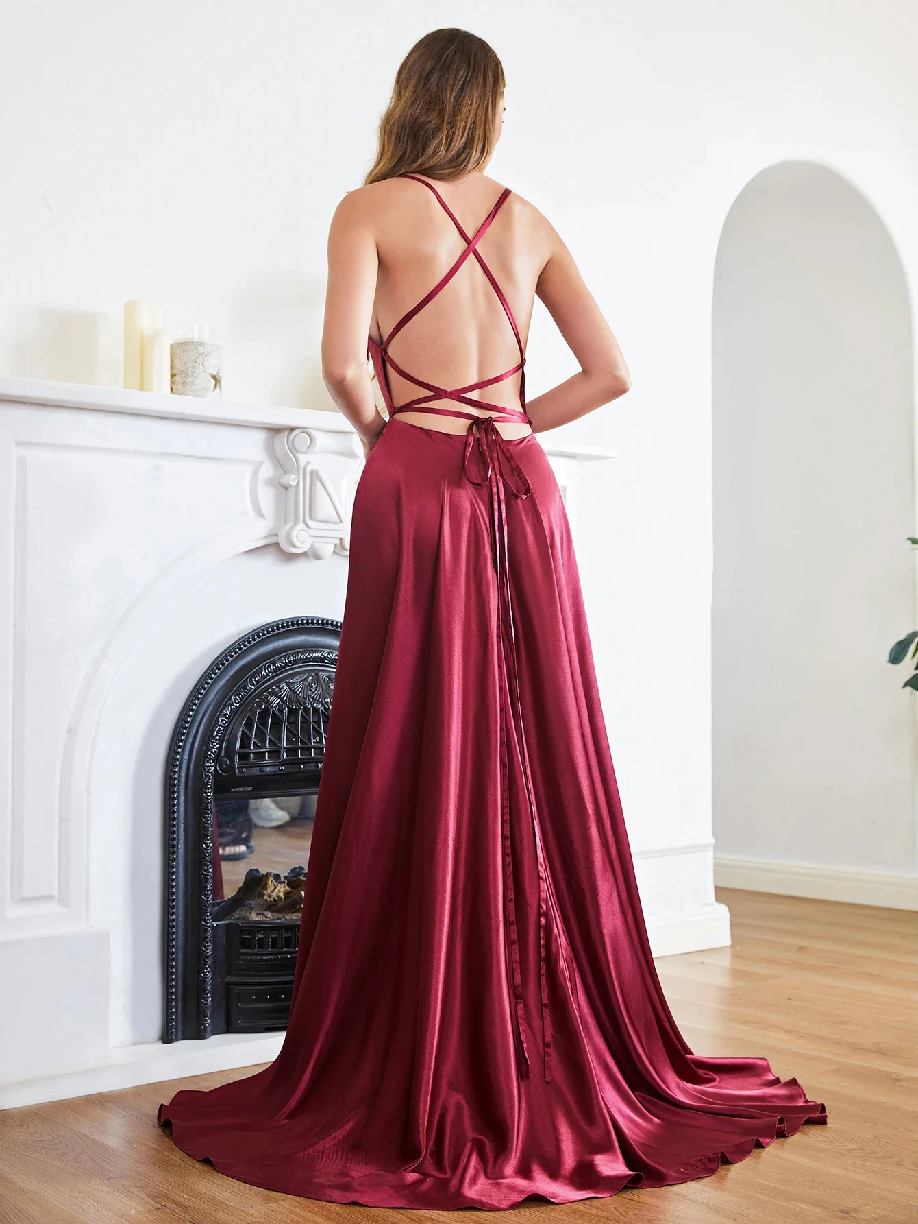 BABYONLINE Satin Evening Dresses For Women Ladies Burgundy A-line Long Spaghetti Straps Backless Slit Gowns For Wedding Party