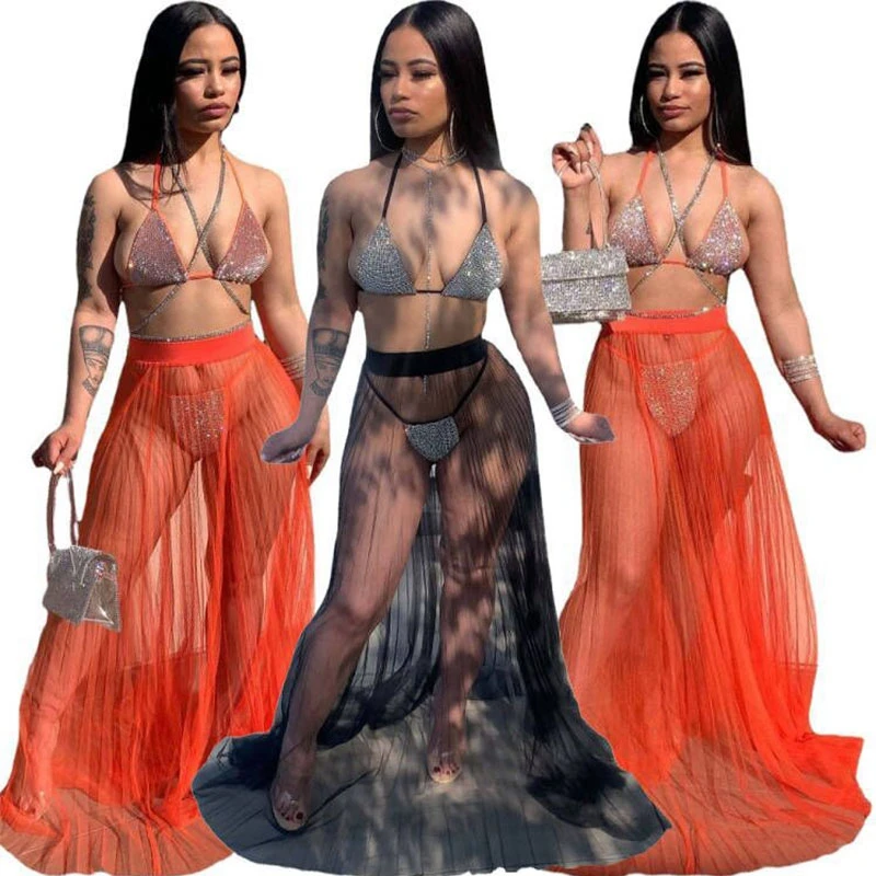 

Sexy Mesh See Through Maxi 2 Piece Skirt Set Summer Glitter Halter Bikini Bra Top And Sexy Long Skirts Holiday Matching Sets