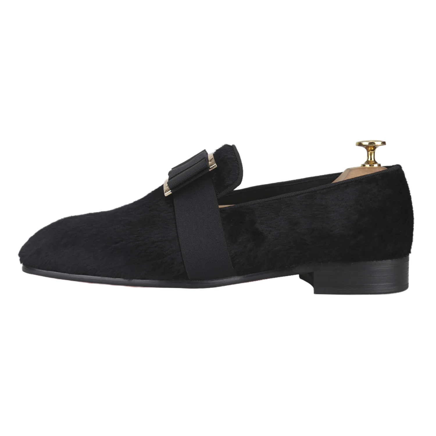 Piergitar Imported Luxury Fur Vevlet Red Soled Men's Loafers With Custom-Made Gold Buckles Black Bow Runway Style Smoking Shoes