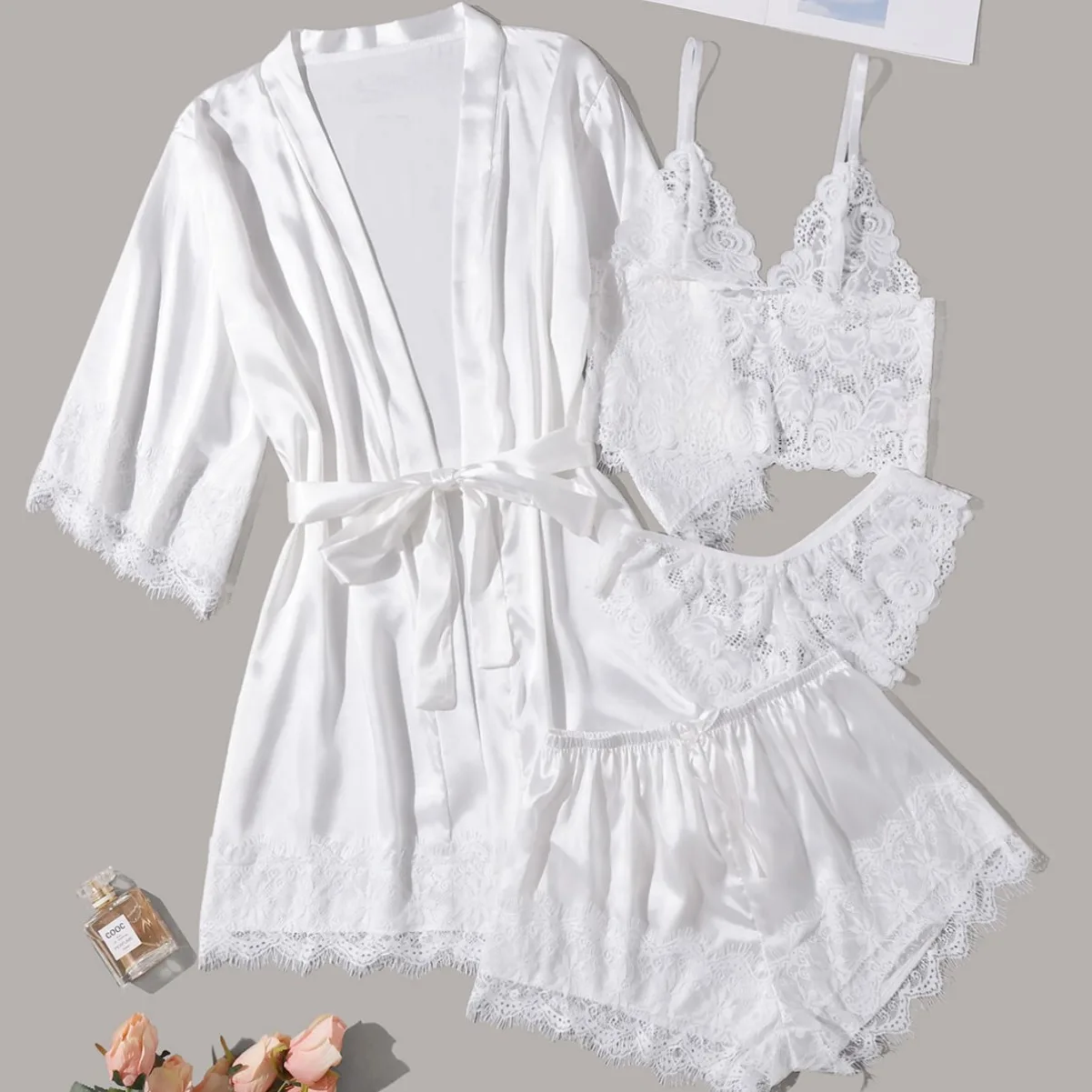 4PCS Women\'s Long Pajamas Set White Lace Satin Silk Night Lingerie Tops And Shorts Casual Sleepwear Loose Wedding Home Gown