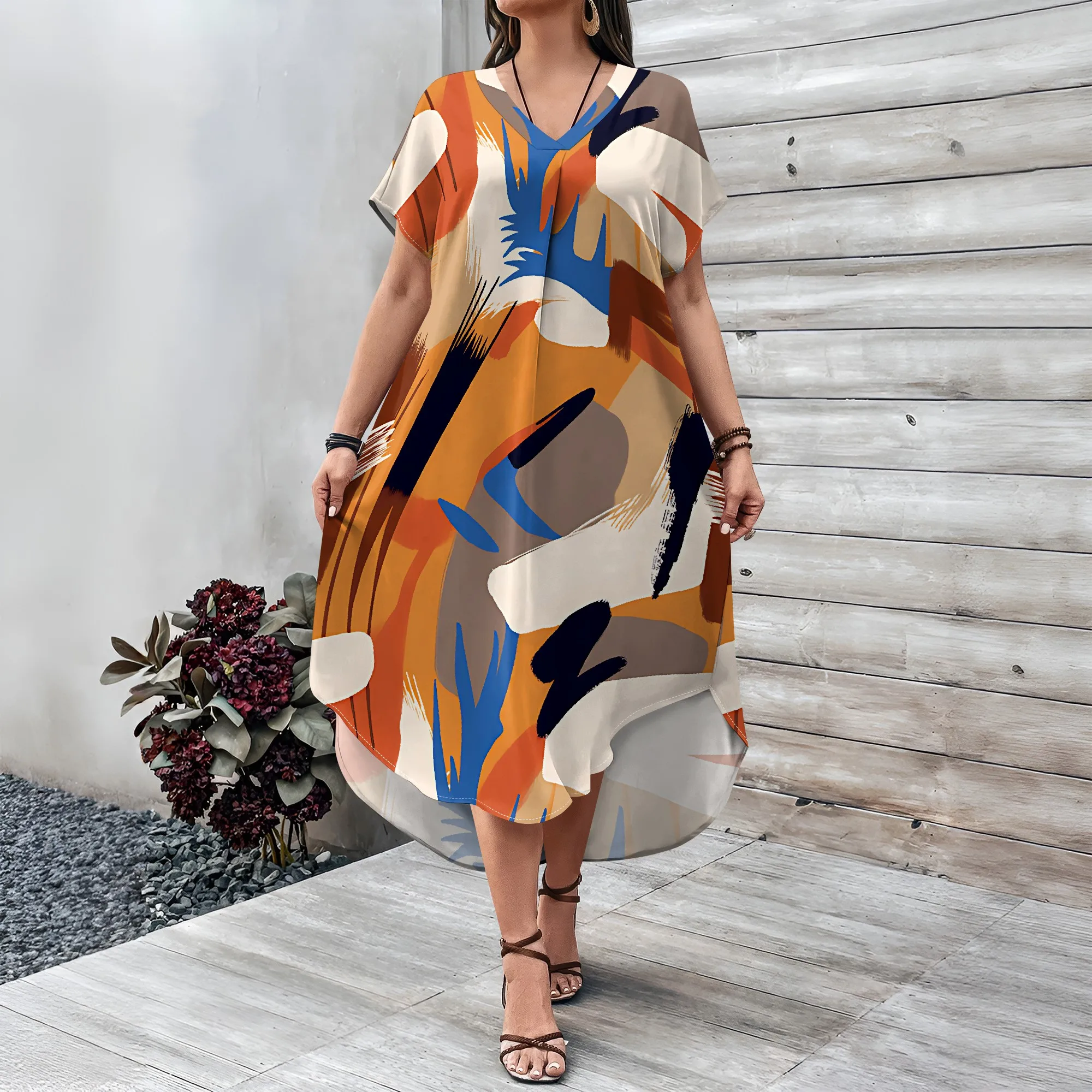 

Women's summer short sleeved dress 3D printed fashionable printed African style dress