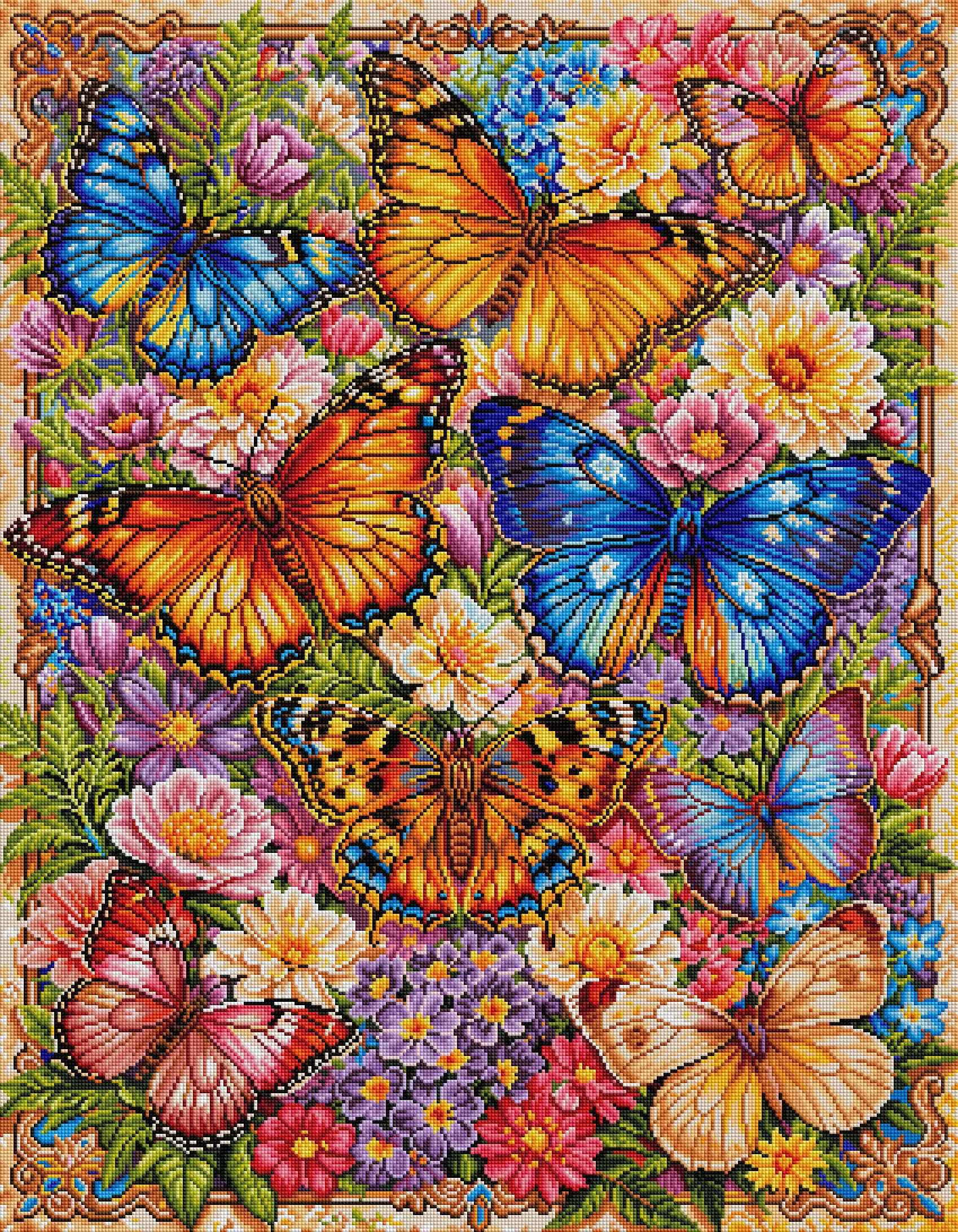 Foreveryoung Colorful Butterflies Among Blooms Diamond Kit, 70×90cm, Triple Diamonds. Lively Floral-Butterfly Wall Decor.
