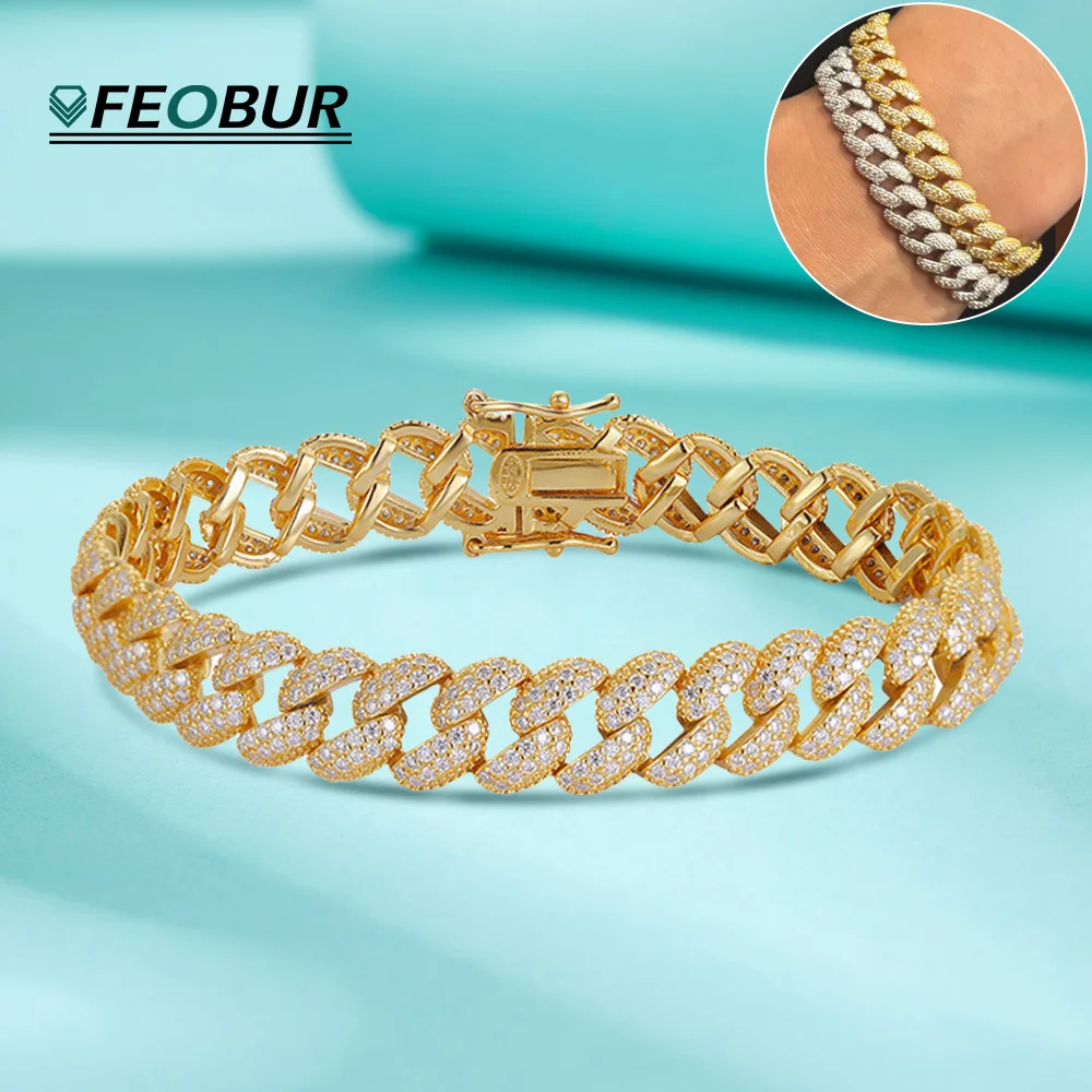 FEOBUR 9mm Full Moissanite Cuban Link Bracelet for Man Women 925 Sterling Silver Passes Diamond Tester Hip Hop Bracelets Jewelry