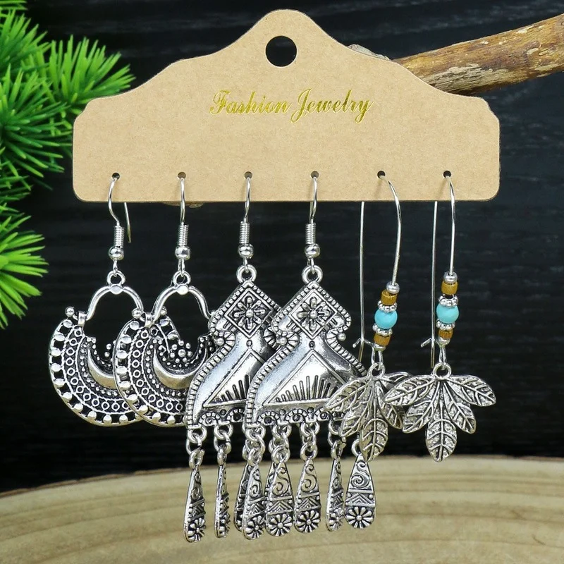 3 Pairs Ancient Silver Color Earrings Set for Women Vintage Bamboo Moon Leaves Shape Alloy Indian Earrings Ethnic Boho Jewelry