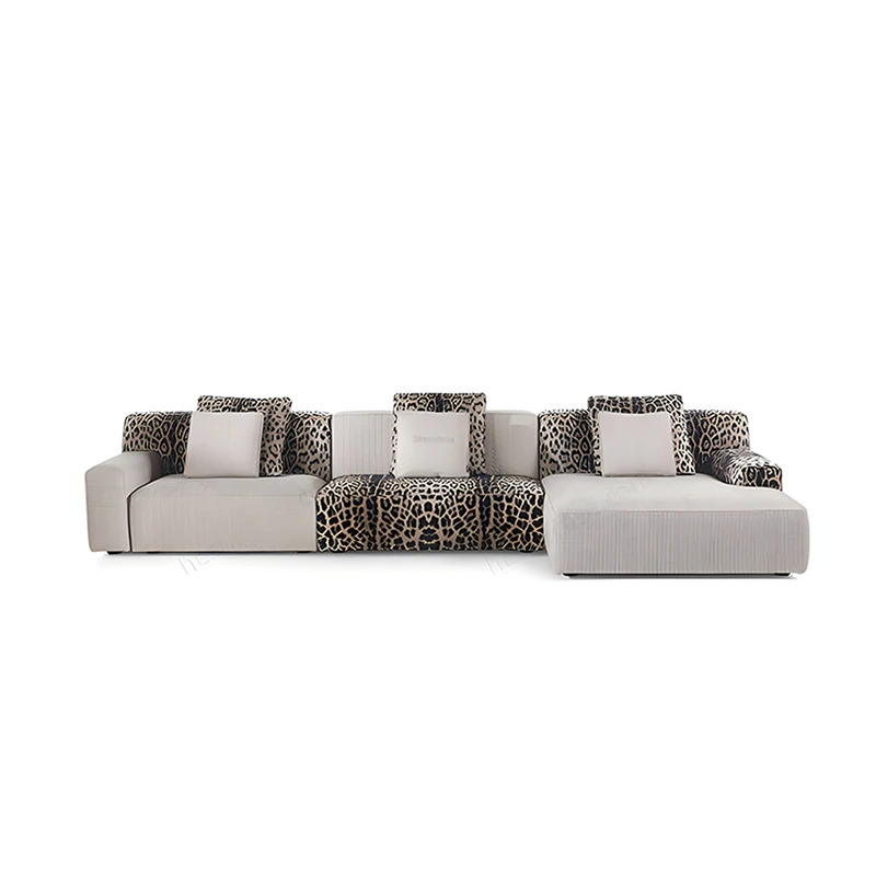 %w Living Room Modern Villa Leopard Print Corner L-Shaped Modular Sofa Set with High Density Sponge