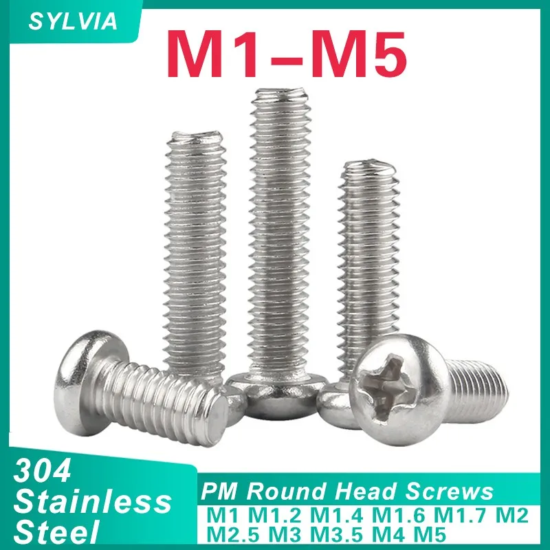 

200/ 100/ 50pcs M1 M1.2 M1.4 M1.6 M1.7 M2 M2.5 M3 M3.5 M4 M5 304 Stainless Steel Phillips Cross Recessed Pan Head Screws DIN7985