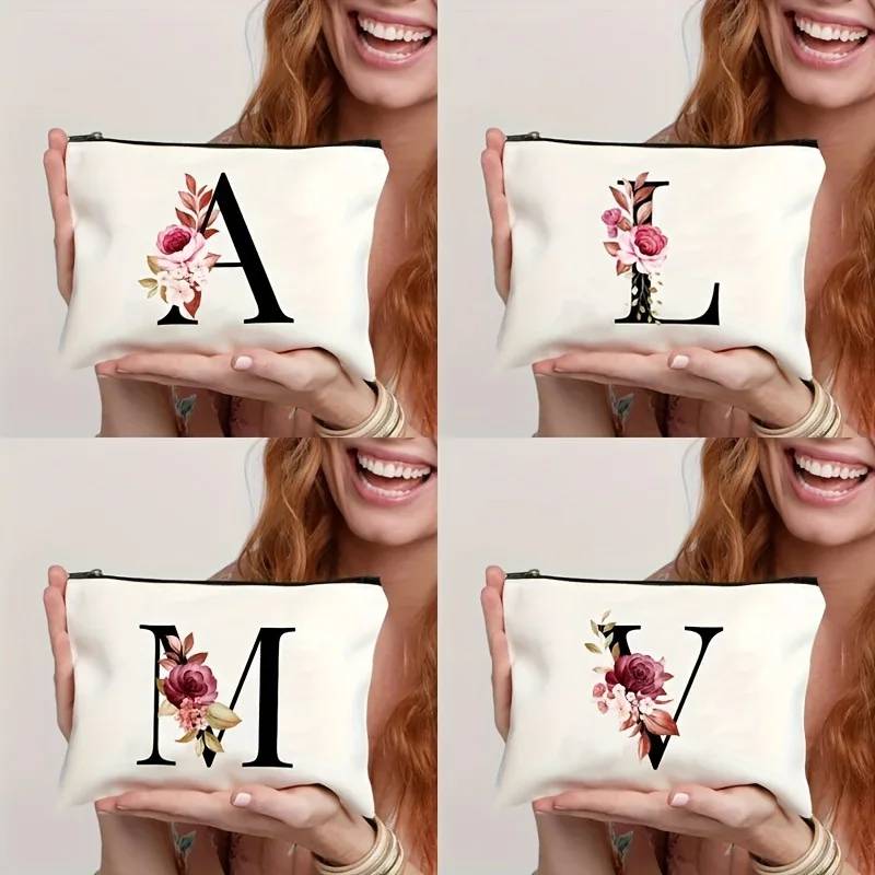

26 Letters Flower Makeup Bag Printed Bridesmaid Wedding Gift Graduation Teacher's Day Gift Storage Bag Travel perfume Side Bag