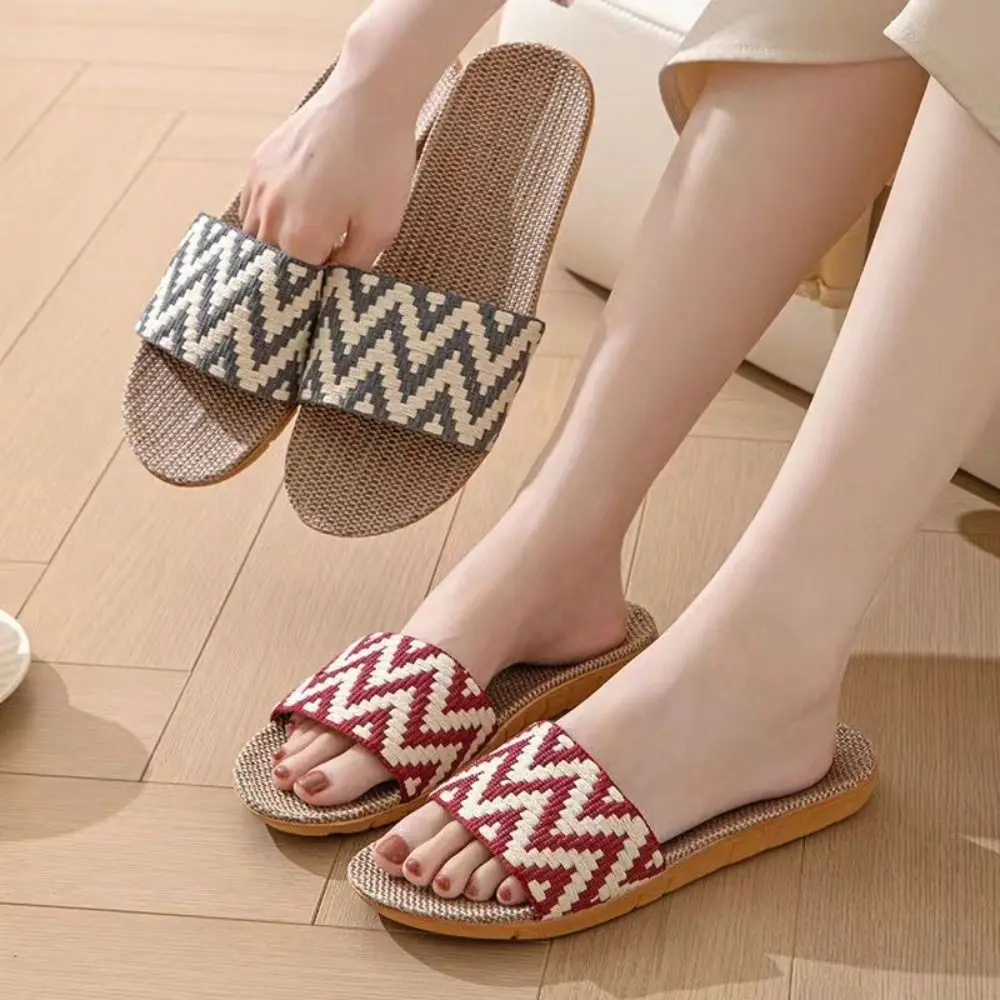 

Cozy Ethnic Style Linen Stripe Slippers Non-Slip Soft Flax Slides Sandals Sweat Absorption Shoes Slipper Women Men Home