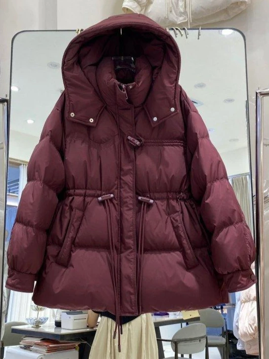 冬の新作レディースダウンジャケット、ゆったりとしたフード付き、レースアップ、ホワイトダックダウンジャケット