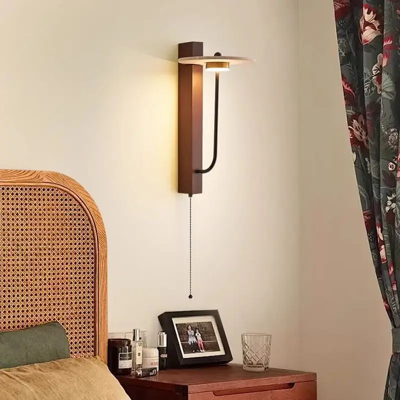 

Vintage Round Natural Stone Wood LED Wall Lamp 3000K Parlor for Bedroom Balcony Stairs Aisle Corridor Creative Lighting Fixtures
