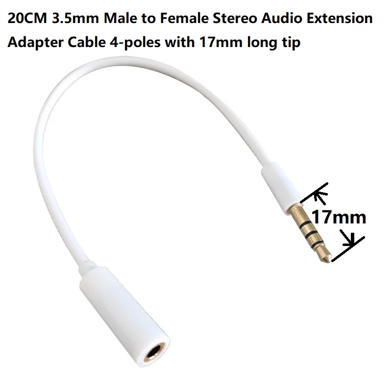 3.5mm Aux Headphone Extender 4-Pole Jack Plug Extension Lead Stereo Male to Female with 17mm long tip 20cm