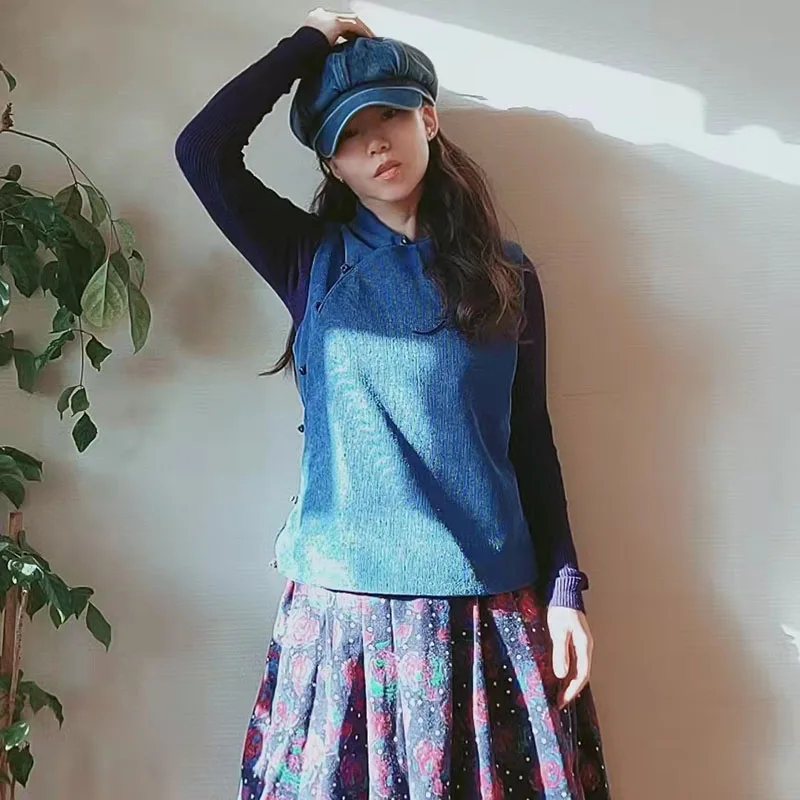 

Autumn Winter Corduroy Slim Fit Ladies Vest Top Small V Ne Thin Cotton Chinese Sle Side Buttoned Waist Cinching