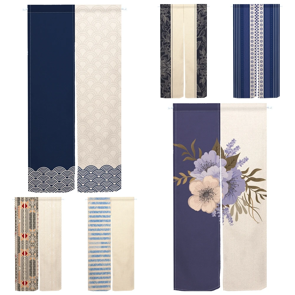 Japanese Door Curtain Traditional Geometric Floral Pattern Linen Noren for Home Tea Room Restaurant Minimalist Partition Curtain