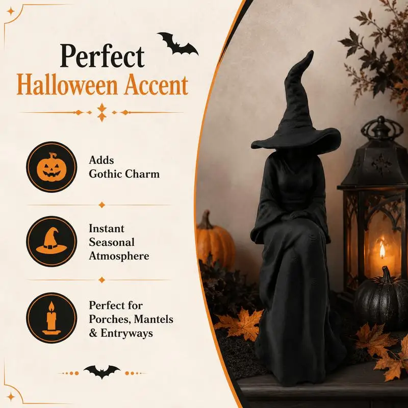 Halloween Faceless Witch Figurine Black Seated Witch Wall Hanging Halloween Decoration Gothic Style for Living Room, Bookshelf