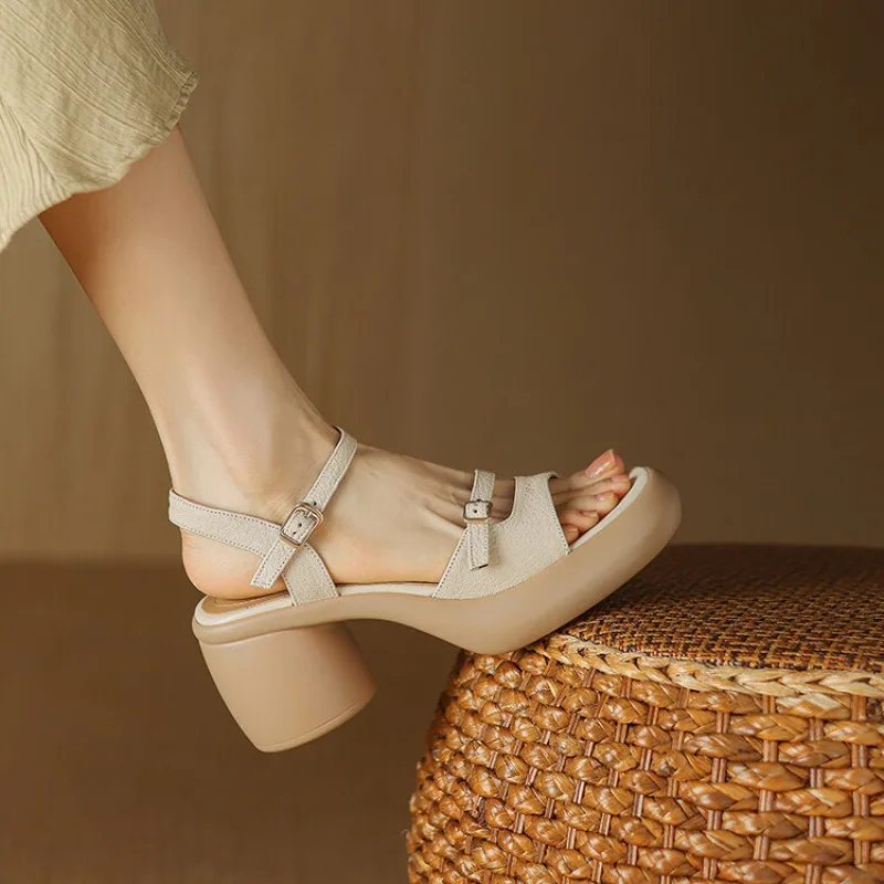 2024 New Summer Temperamental Women Sandals Platform Open Toe ankle buckle Chunky high Heel Ladies Shoes Real Leather Shoes