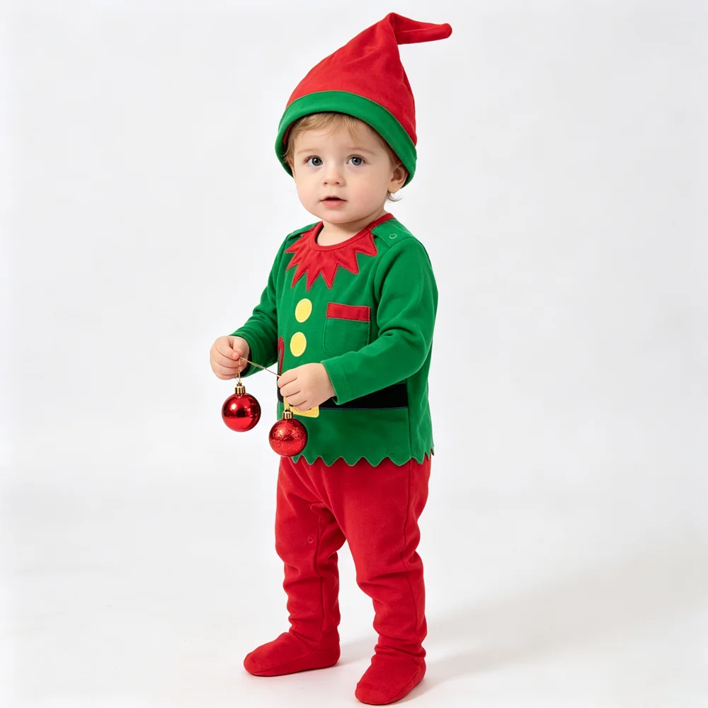Baby Christmas Elf Costume Set Toddler Long Sleeve Footed Romper with Elf Hat Kids Xmas Holiday Party Outfit Infant Boys Girls