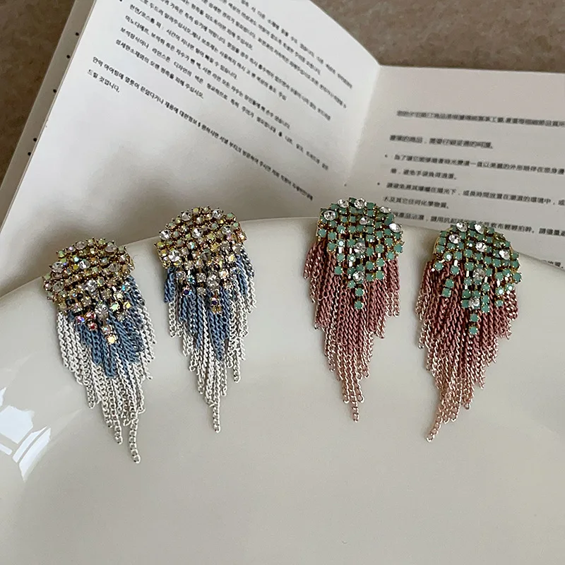 

Minar Temperament AB Color CZ Zircon Contrast Color Chain Tassel Hanging Dangle Earrings for Women Handmade Casual Party Jewelry