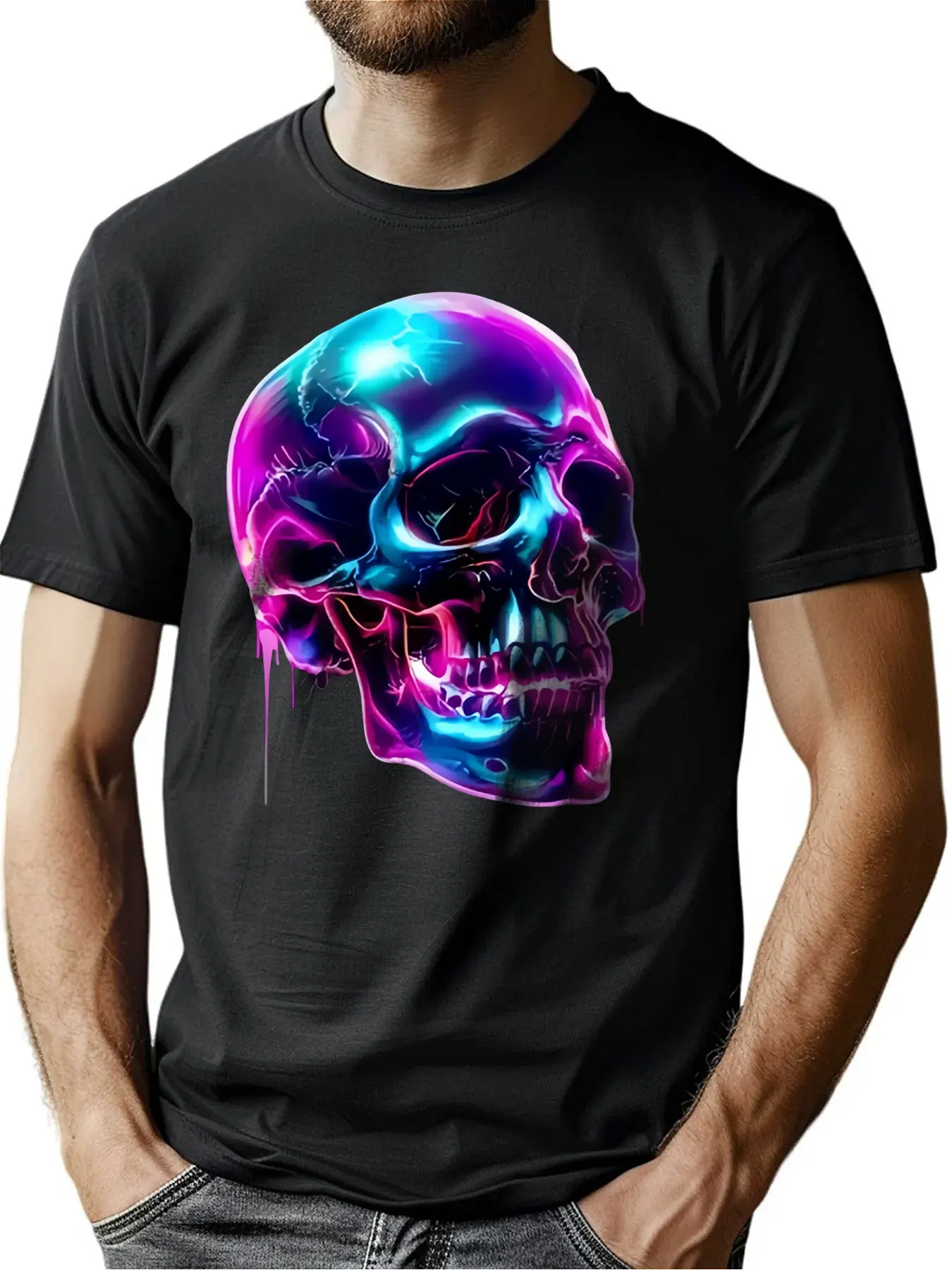 

Soft Pure Cotton Men's Crew Neck Tee With Glow In Dark Skull Print Thanksgiving Gift For Him Outdoor Comfort Machine Washable