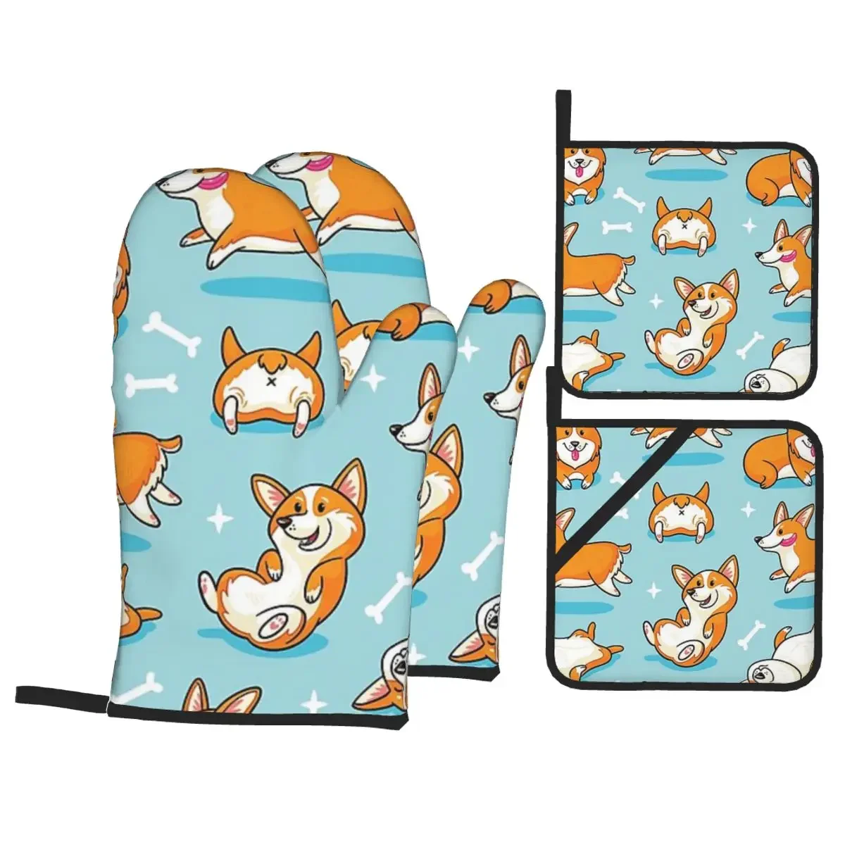 Kawaii Tricolor Corgi In The Garden Oven Mitts and Pot Holder Sets of 4 for Baking Kitchen Cooking Grilling Resistant Gloves