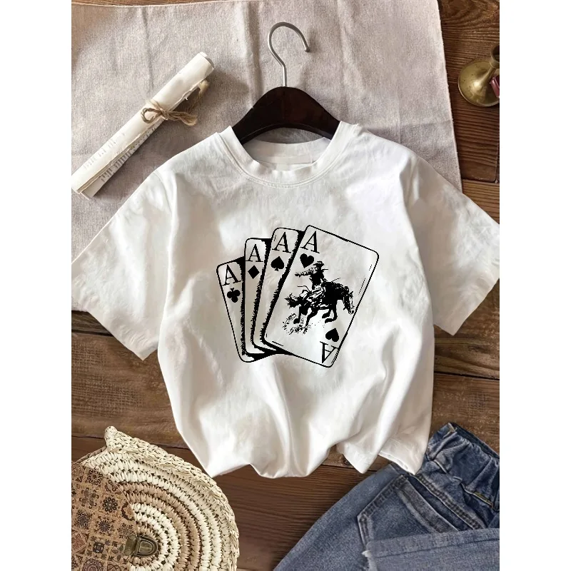 رعاة البقر الغربية طباعة المرأة عادية طاقم الرقبة كل موسم مريح Y2K Harajuku نمط القطن موضة قصيرة الأكمام تي شيرت #2